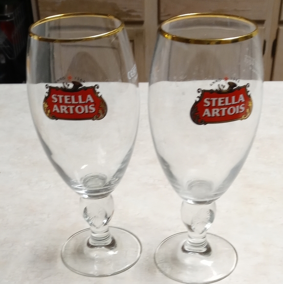 Stella Artois Belgium Gold Rimmed Original Glass Beer Chalice 2 Pack 16 Oz - Picture 1 of 2